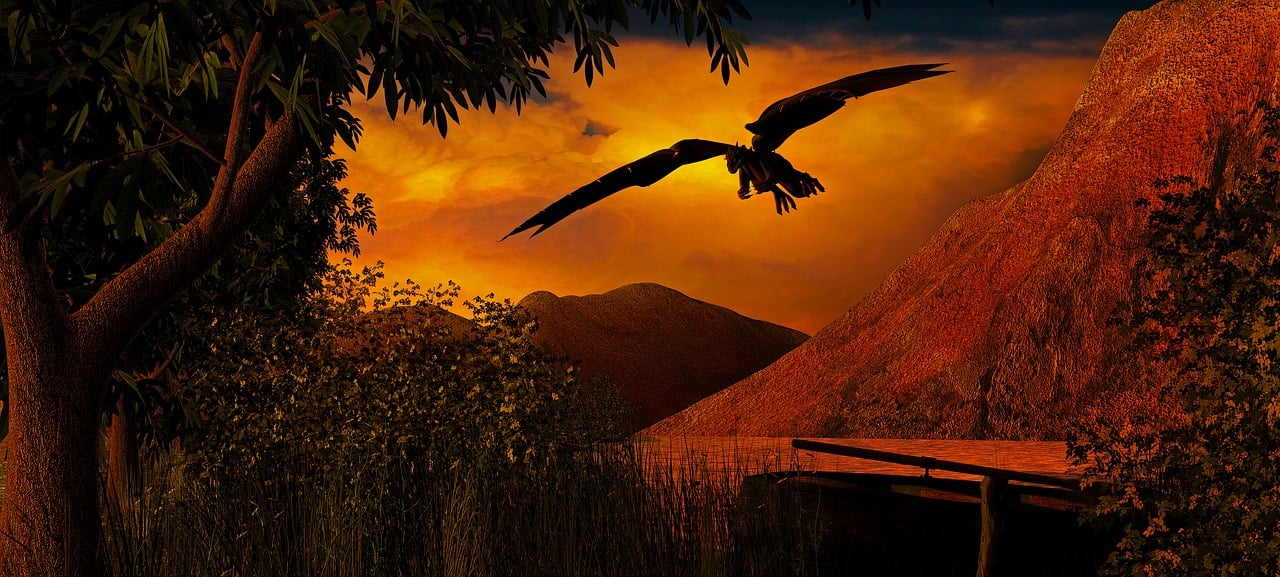 dragon flying away over forest