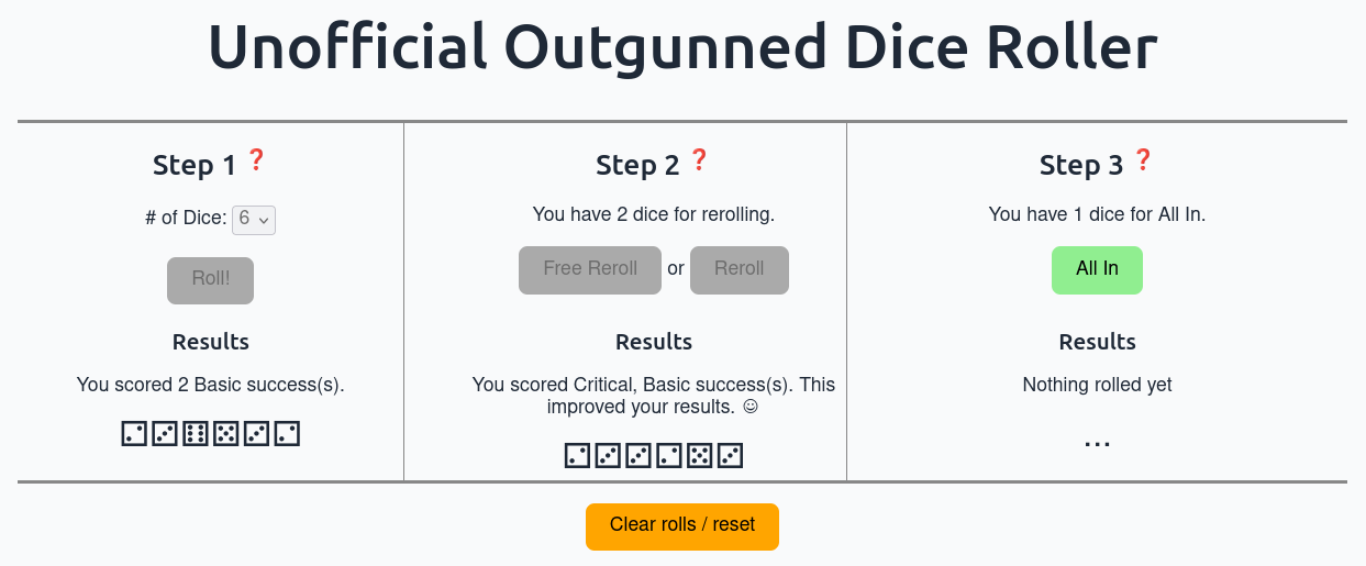 Outgunned Dice Roller Screenshot. Do you want to go All In?
