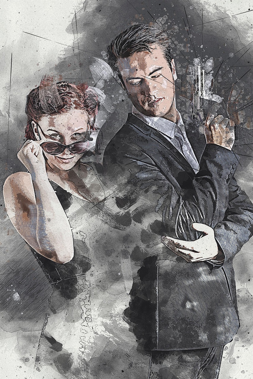 man and woman in classy clothes, one with a gun, the other scanning for danger