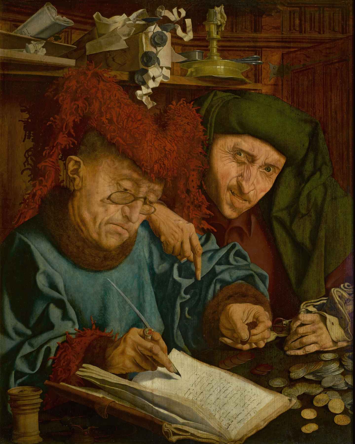 Two tax collectors, one taking notes in a book, the other sneering at the viewer